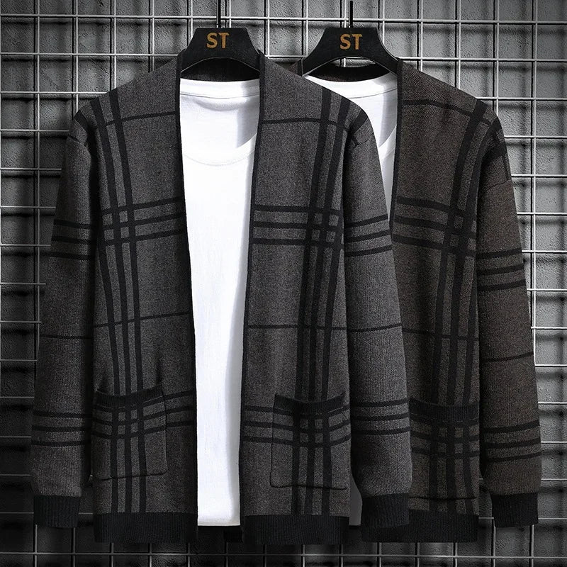 Homme Cardigan Ouvert Carreaux