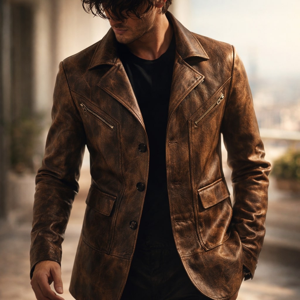 Homme Veste Aspect Cuir