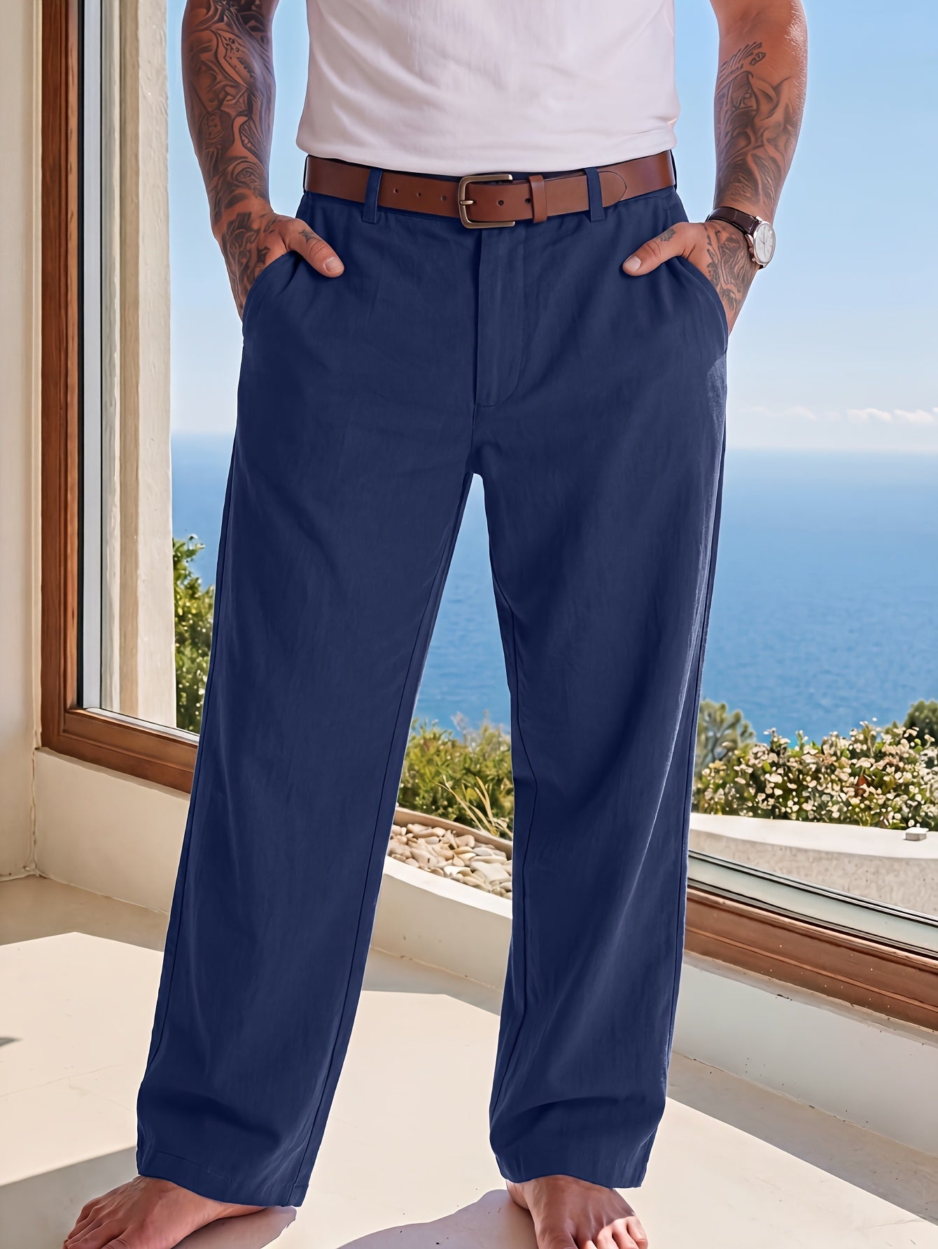 Pantalon Aspect Lin Coupe Droite Pour Homme