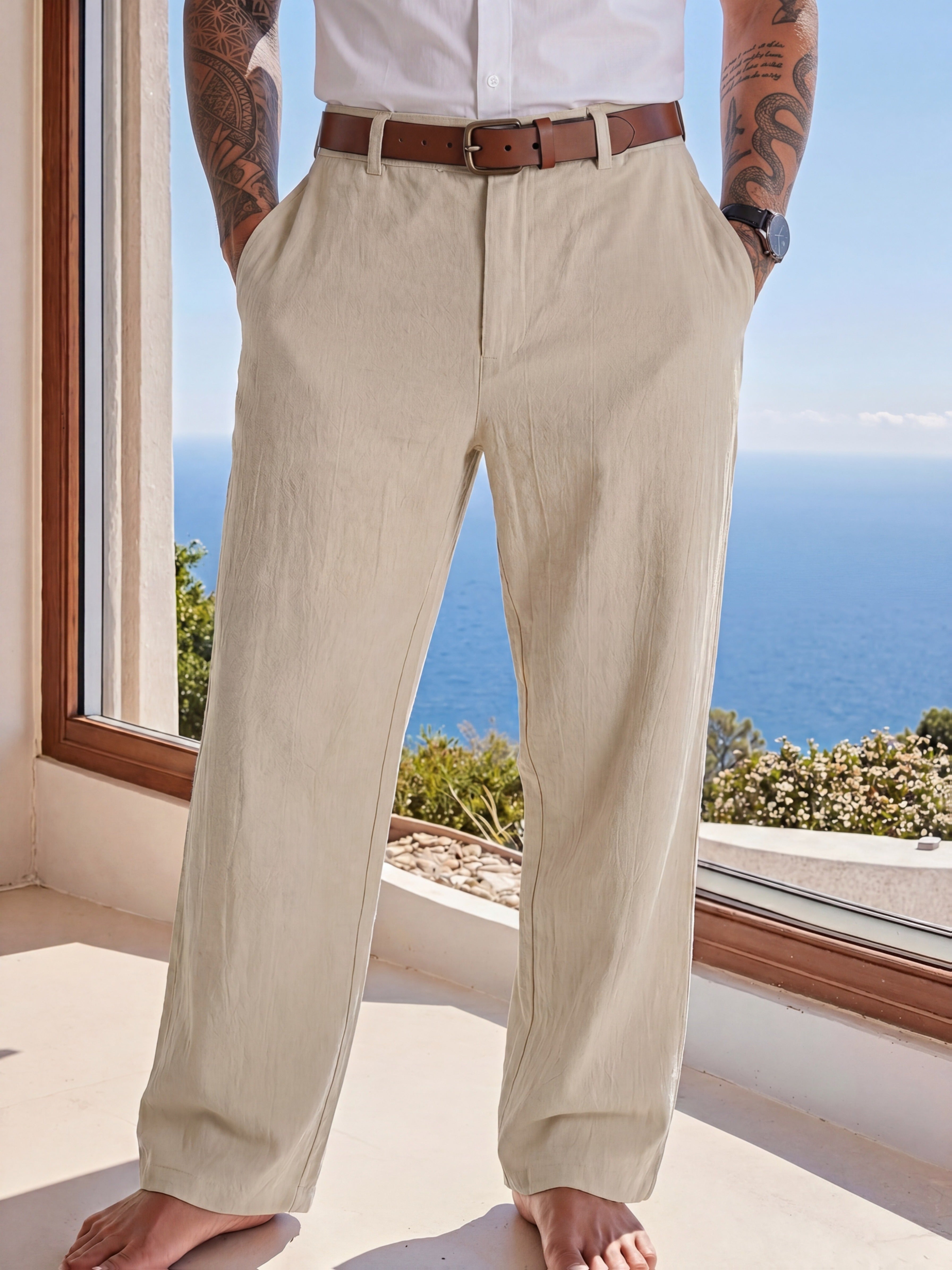 Pantalon Aspect Lin Coupe Droite Pour Homme