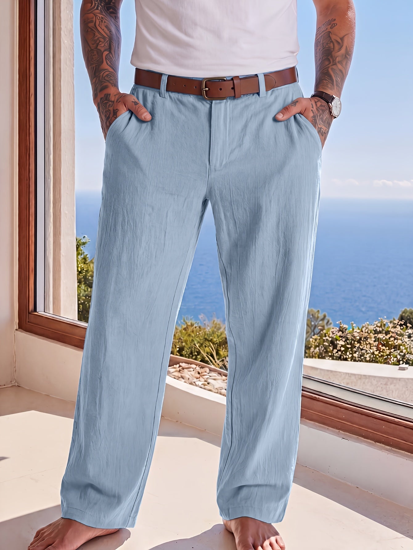 Pantalon Aspect Lin Coupe Droite Pour Homme
