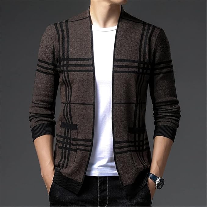Homme Cardigan Ouvert Carreaux