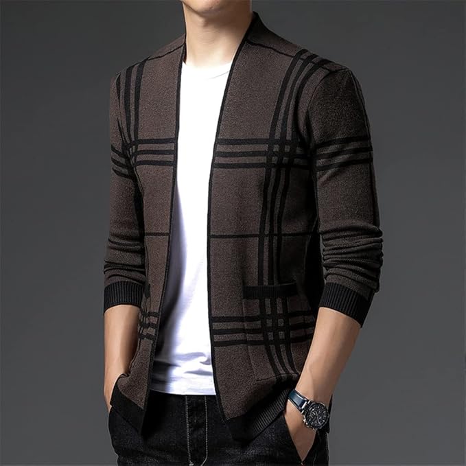 Homme Cardigan Ouvert Carreaux