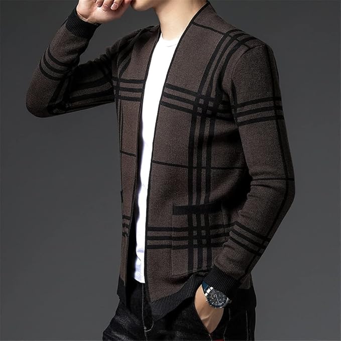 Homme Cardigan Ouvert Carreaux