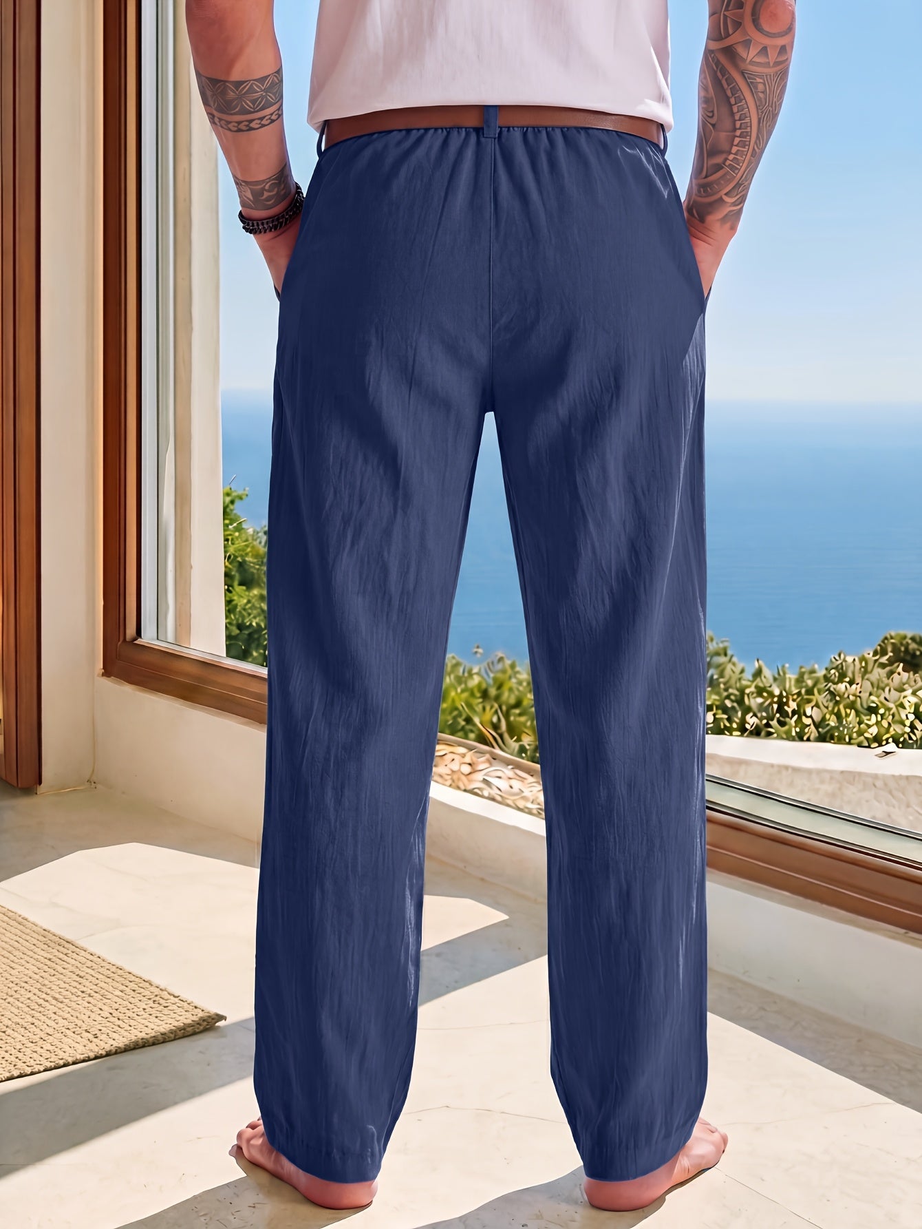 Pantalon Aspect Lin Coupe Droite Pour Homme