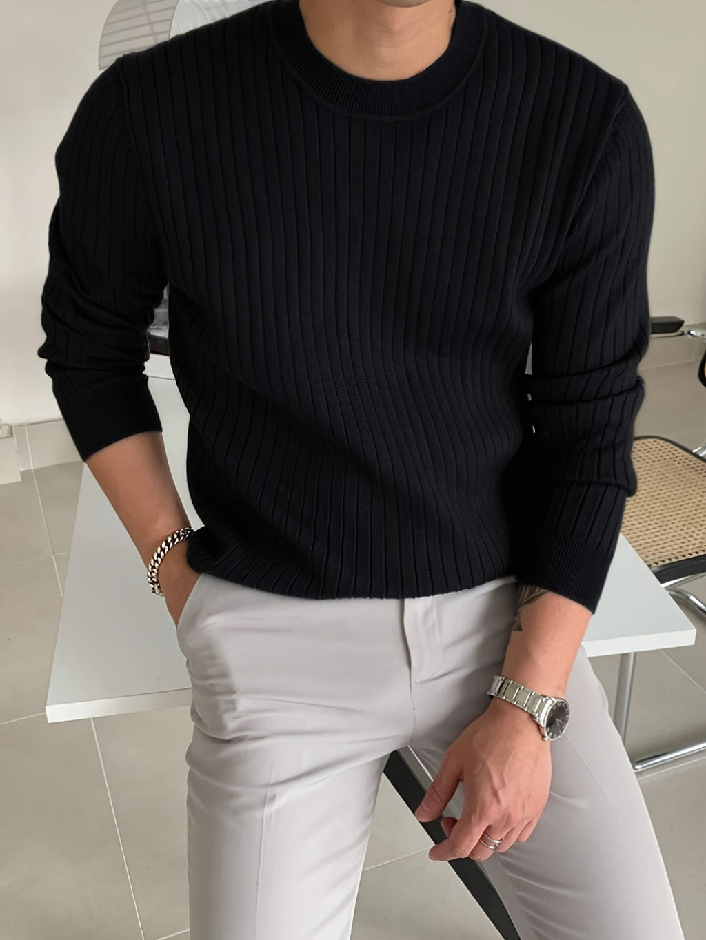 Homme Pull Maille Côtelée
