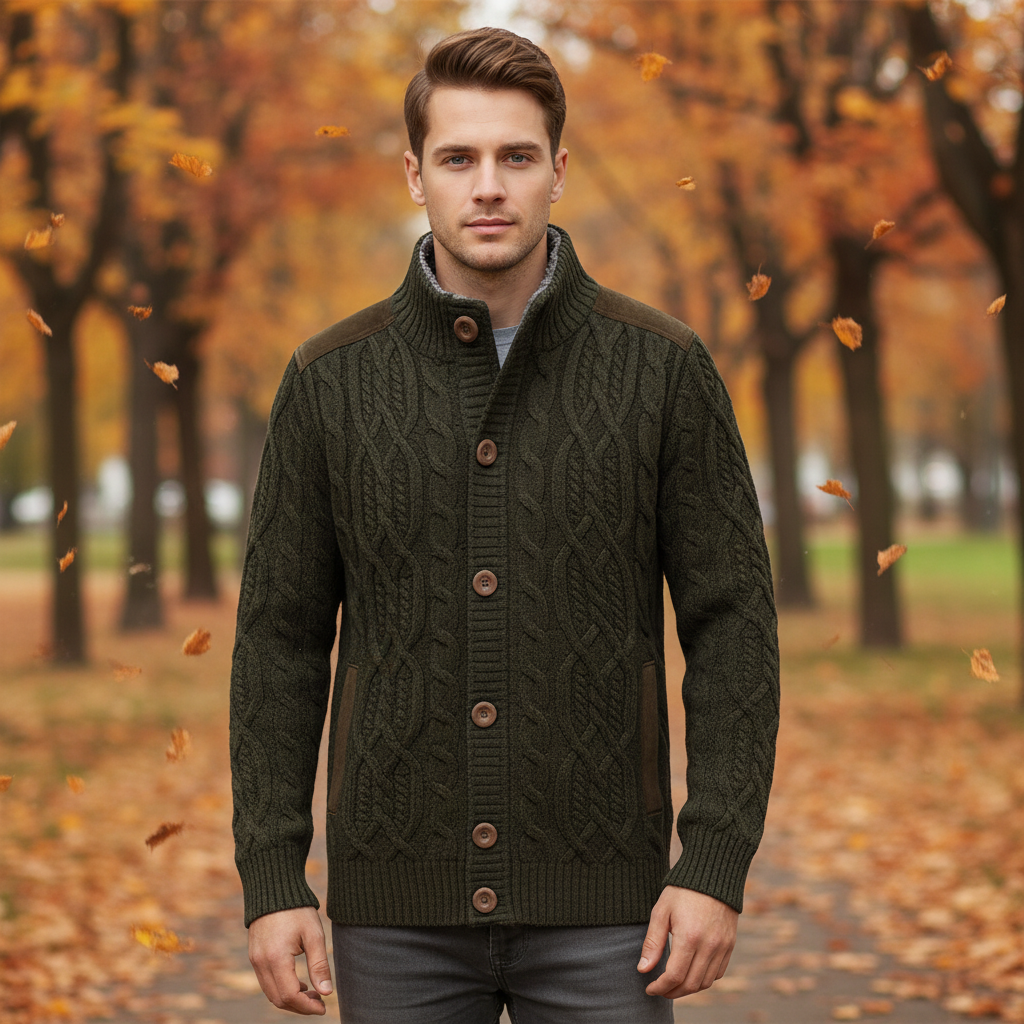 Cardigan Maille Torsadée Col Montant Poches Latérales Fermeture Boutonnée Pour Homme