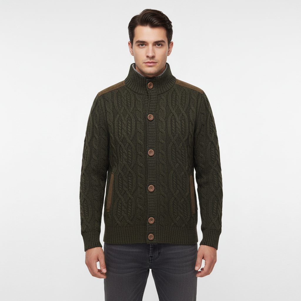 Cardigan Maille Torsadée Col Montant Poches Latérales Fermeture Boutonnée Pour Homme