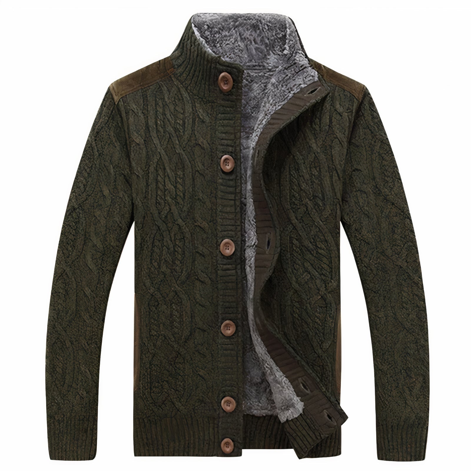Cardigan Maille Torsadée Col Montant Poches Latérales Fermeture Boutonnée Pour Homme