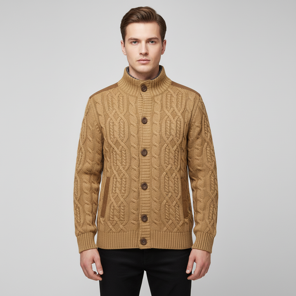 Cardigan Maille Torsadée Col Montant Poches Latérales Fermeture Boutonnée Pour Homme