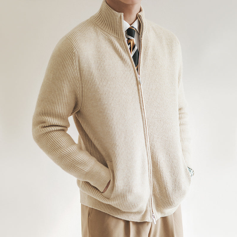 Cardigan Maille Côtelée Zip Intégral Superposable Pour Homme