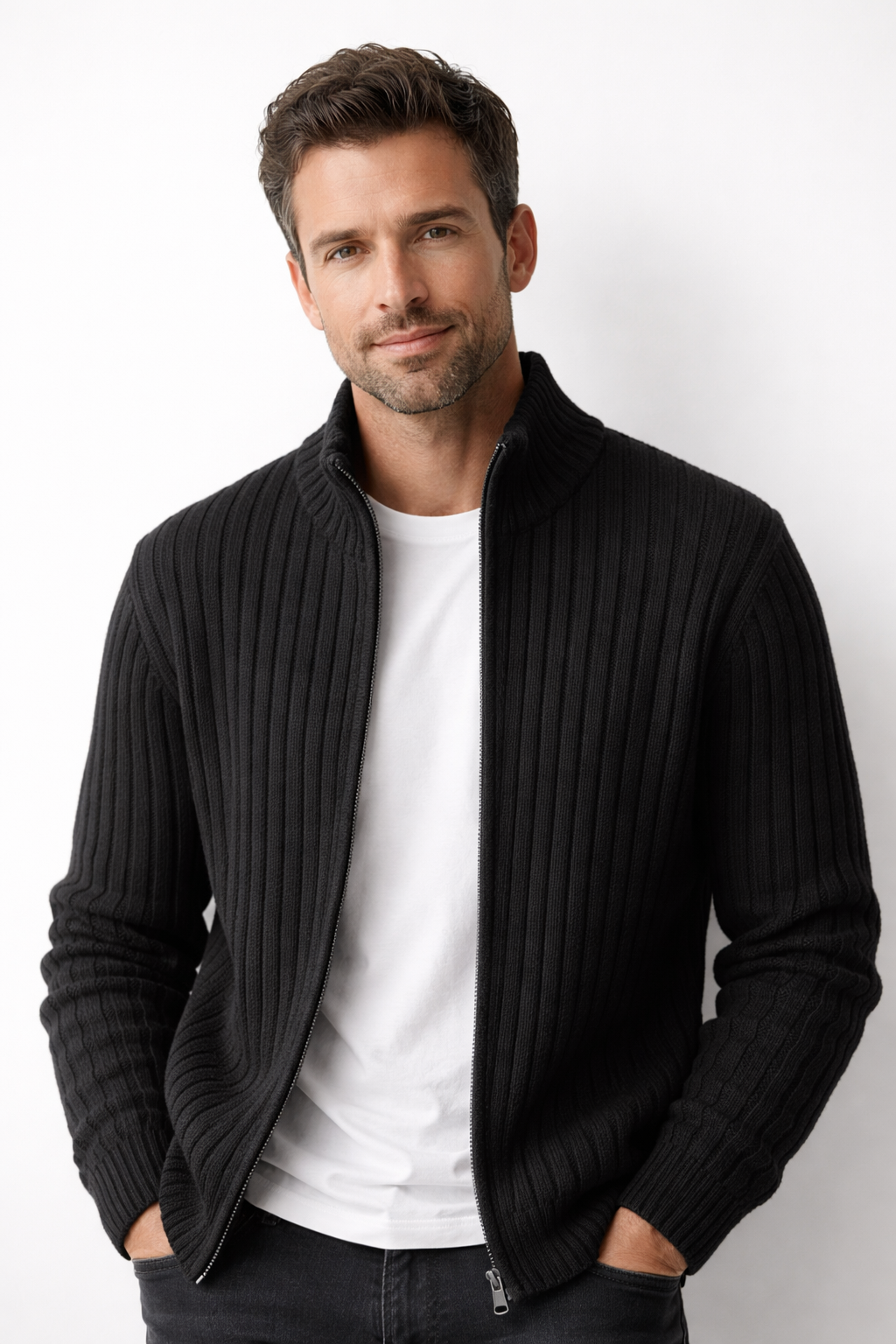 Cardigan Maille Côtelée Col Montant Zip Intégral Finition Épurée Pour Homme