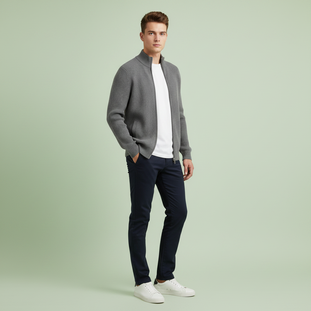 Cardigan Coupe Ajustée Maille Côtelée Col Montant Zip Intégral Pour Homme
