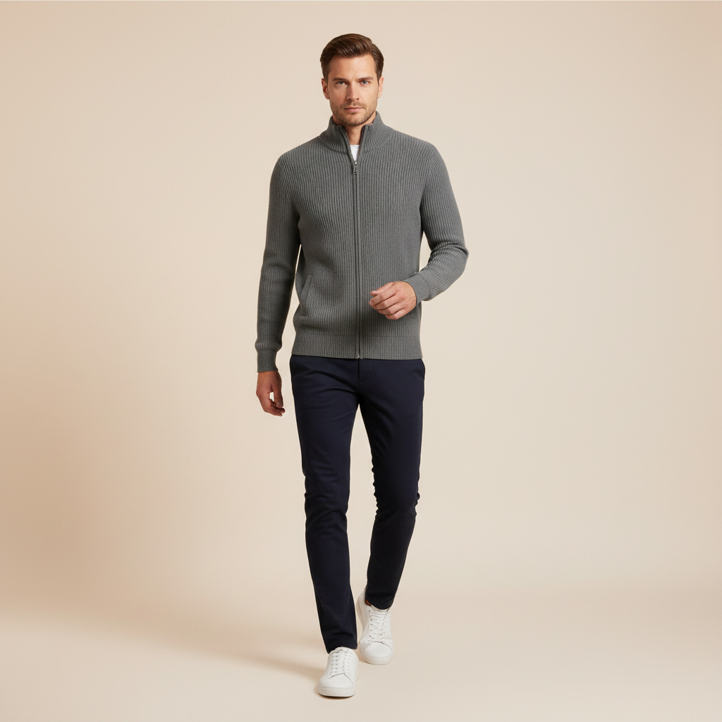 Cardigan Coupe Ajustée Maille Côtelée Col Montant Zip Intégral Pour Homme