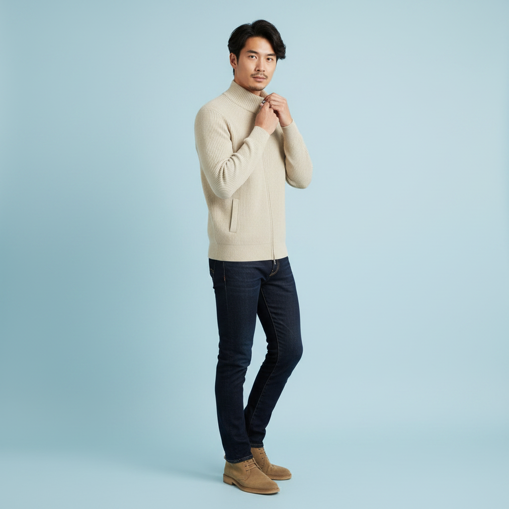 Cardigan Coupe Ajustée Maille Côtelée Col Montant Zip Intégral Pour Homme