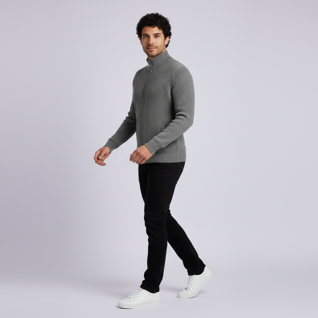 Cardigan Coupe Ajustée Maille Côtelée Col Montant Zip Intégral Pour Homme