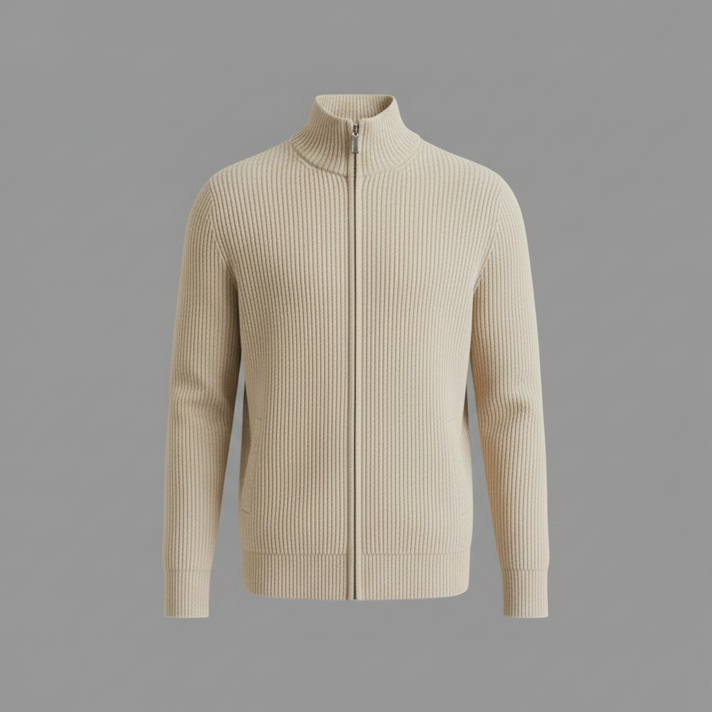 Cardigan Coupe Ajustée Maille Côtelée Col Montant Zip Intégral Pour Homme