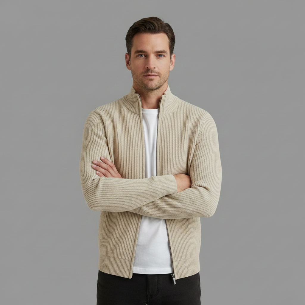 Cardigan Coupe Ajustée Maille Côtelée Col Montant Zip Intégral Pour Homme