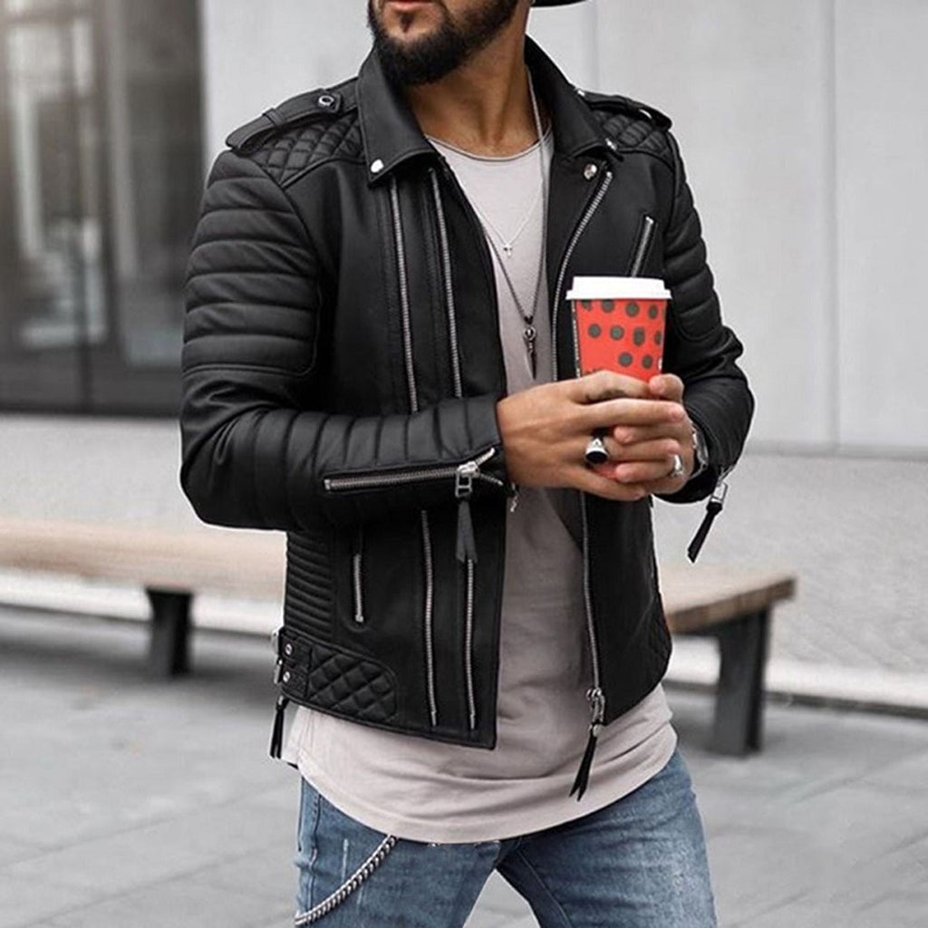 Veste Motard Aspect Cuir Zippée Poignets Ajustables Pour Homme