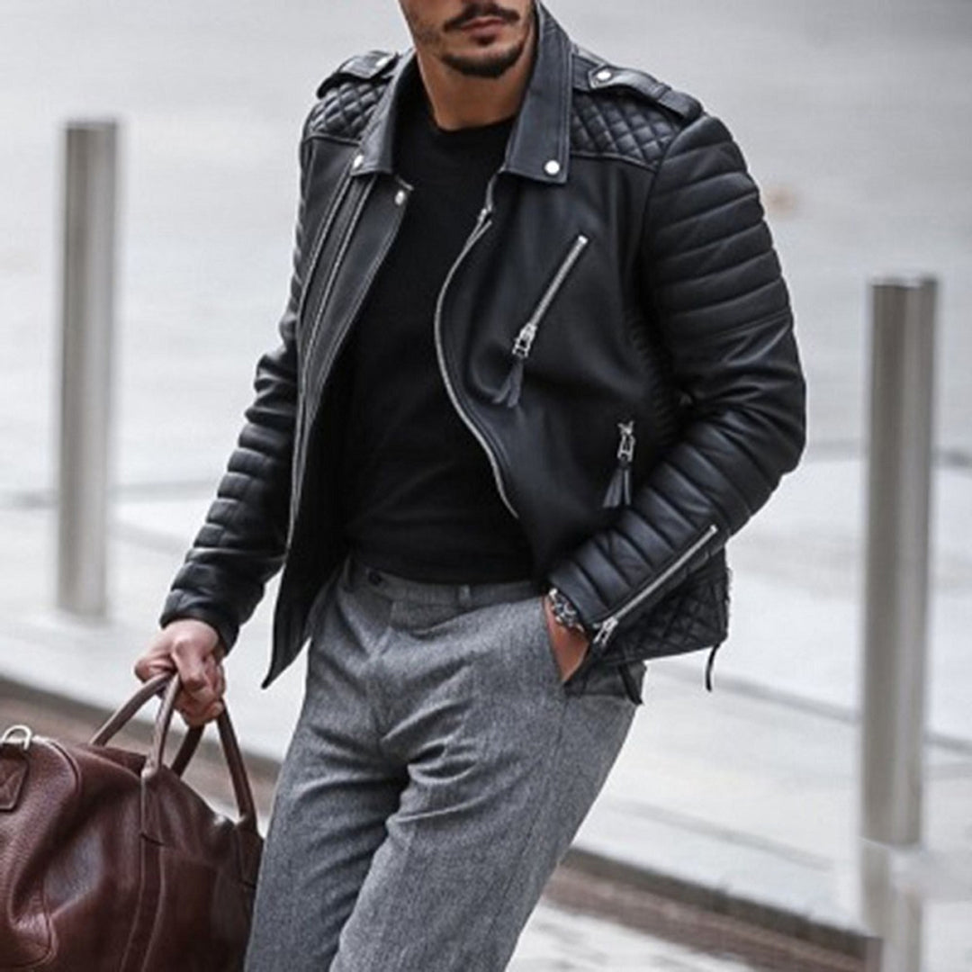 Veste Motard Aspect Cuir Zippée Poignets Ajustables Pour Homme