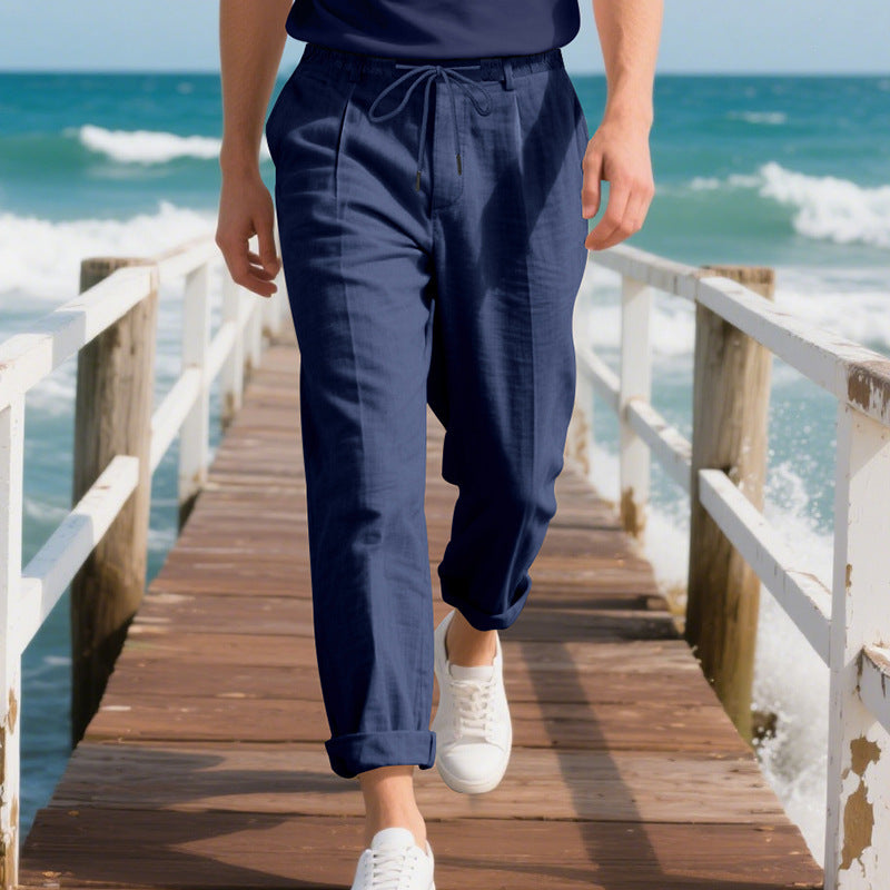Pantalon Aspect Lin Taille à Cordon Pour Homme