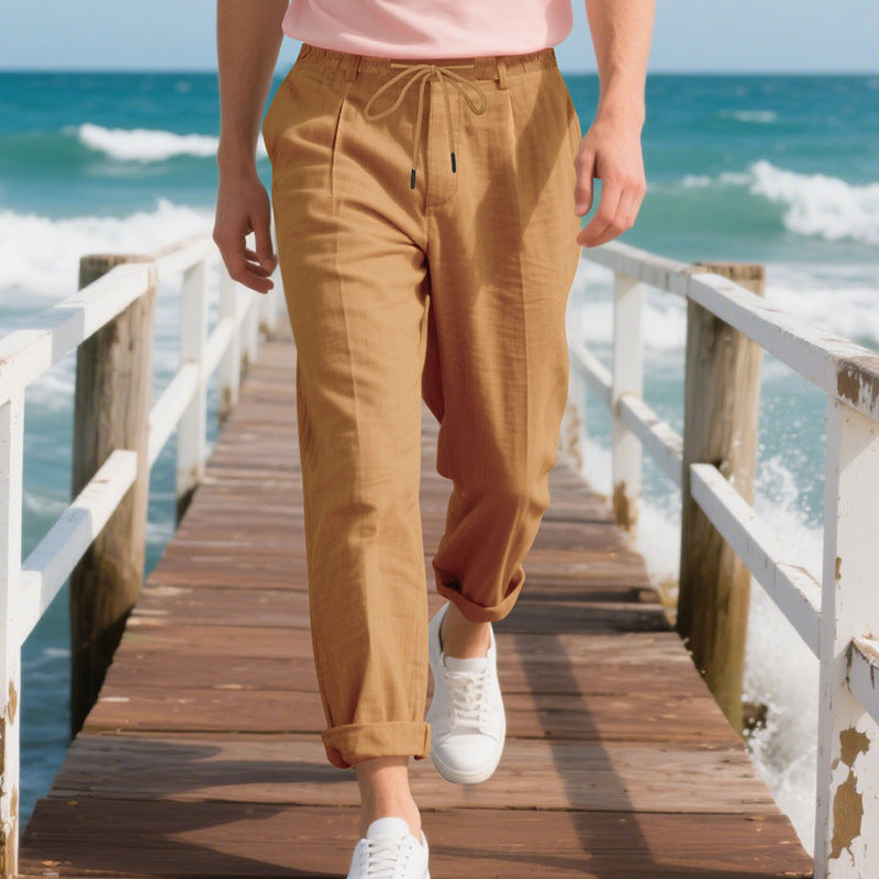 Pantalon Aspect Lin Taille à Cordon Pour Homme