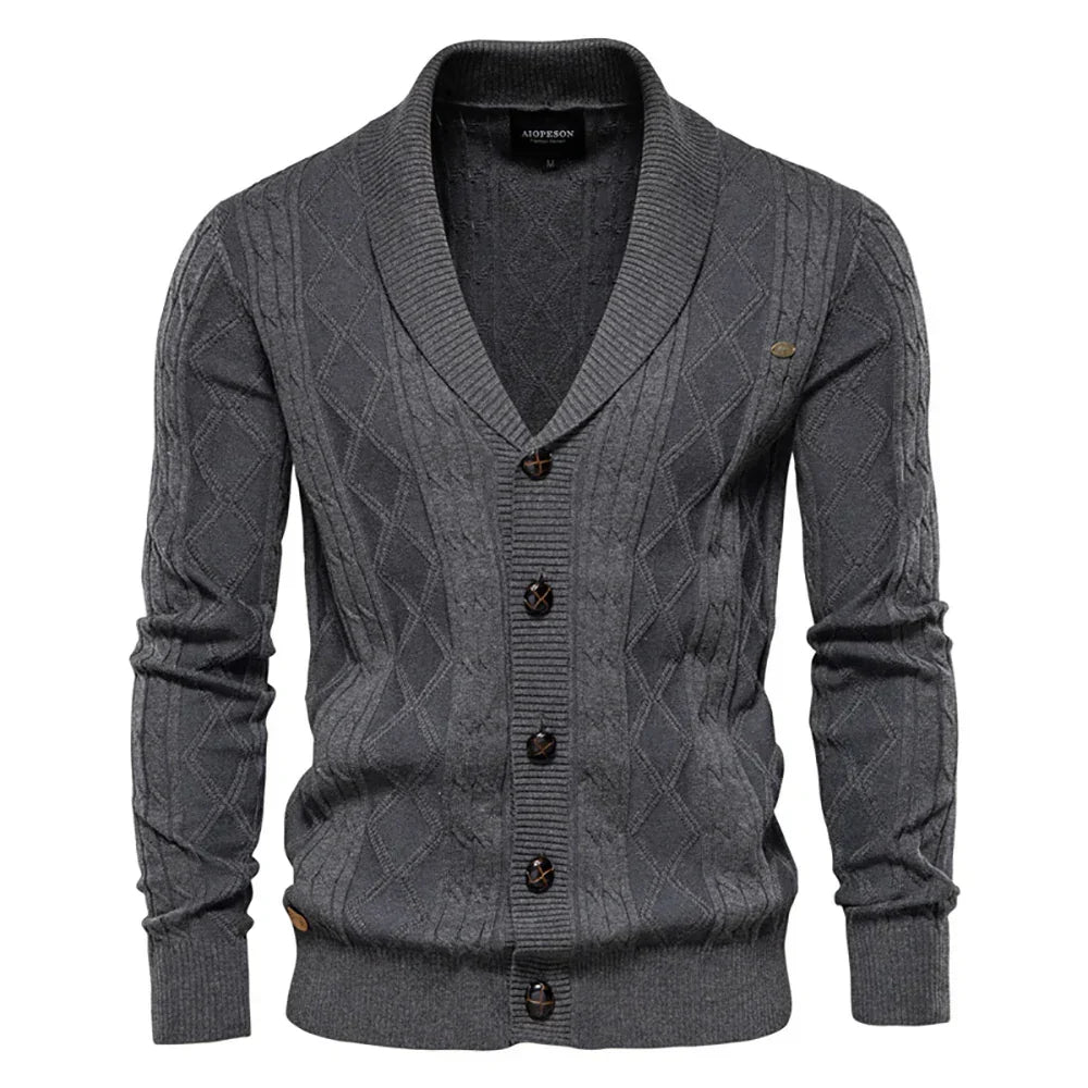 Cardigan Maille Torsadée Col Châle Bords Côtelés Fermeture Boutonnée Pour Homme