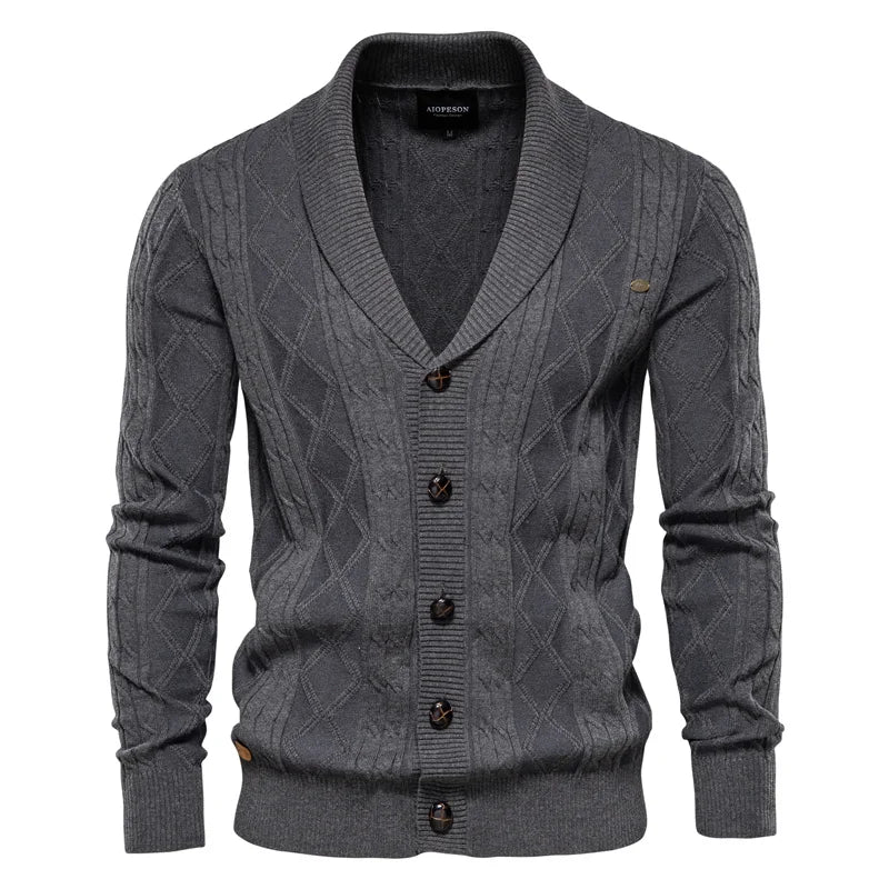 Cardigan Maille Torsadée Col Châle Bords Côtelés Fermeture Boutonnée Pour Homme
