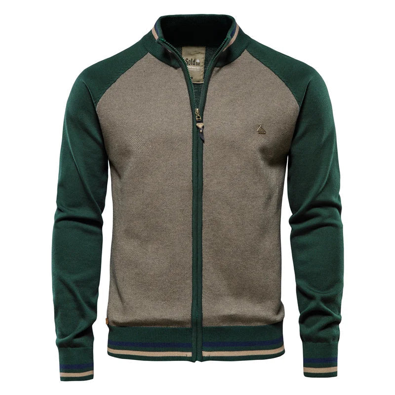 Cardigan Bicolore Maille Côtelée Col Montant Zippé Pour Homme