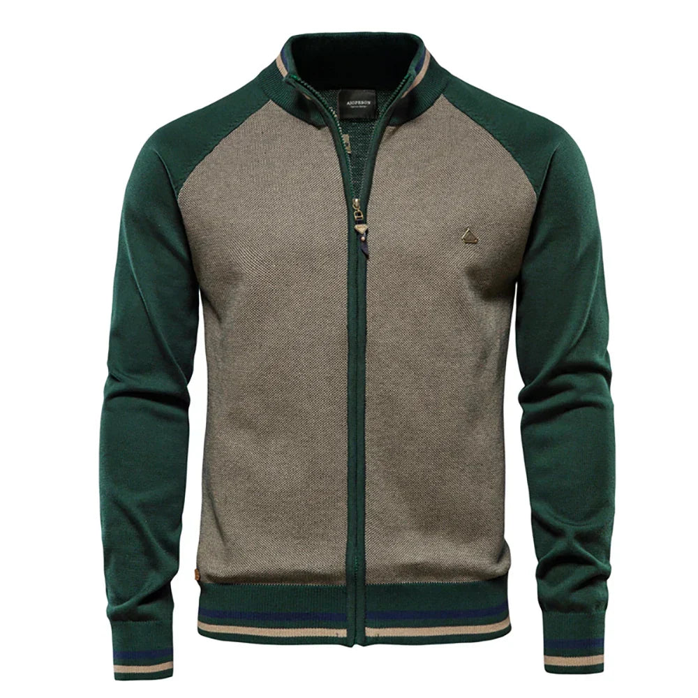 Cardigan Bicolore Maille Côtelée Col Montant Zippé Pour Homme