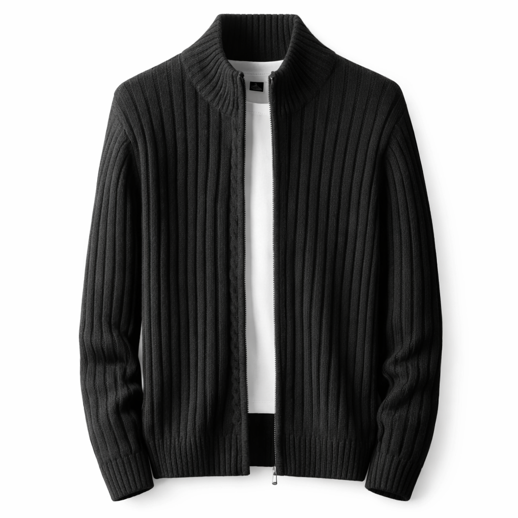 Cardigan Maille Côtelée Col Montant Zip Intégral Finition Épurée Pour Homme