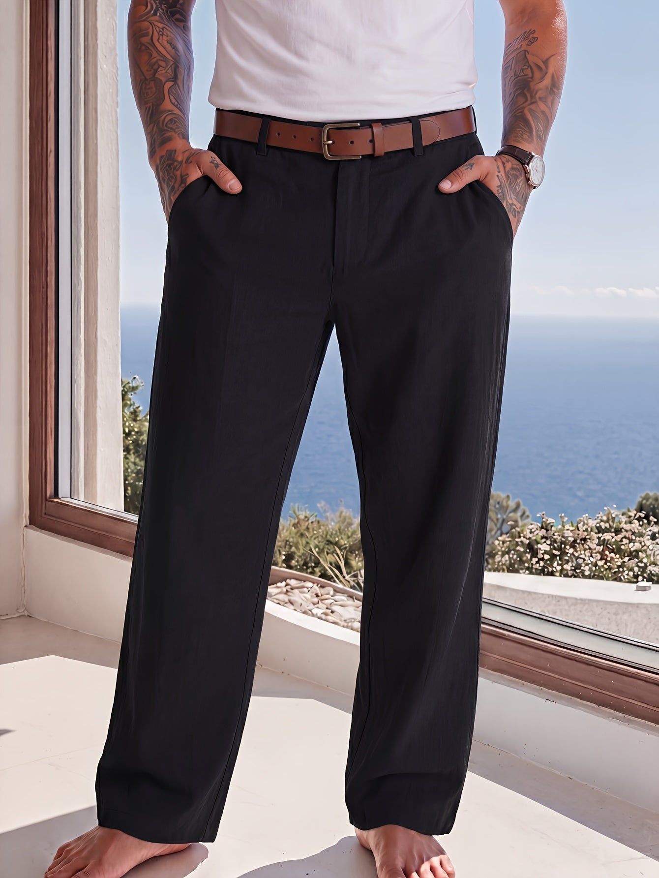 Pantalon Aspect Lin Coupe Droite Pour Homme