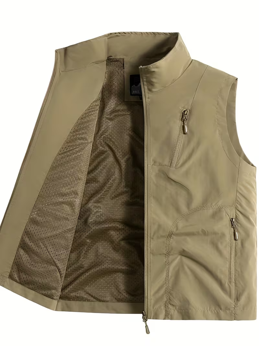 Gilet Zippé Poches Multiples Col Montant Sans Manches Pour Homme