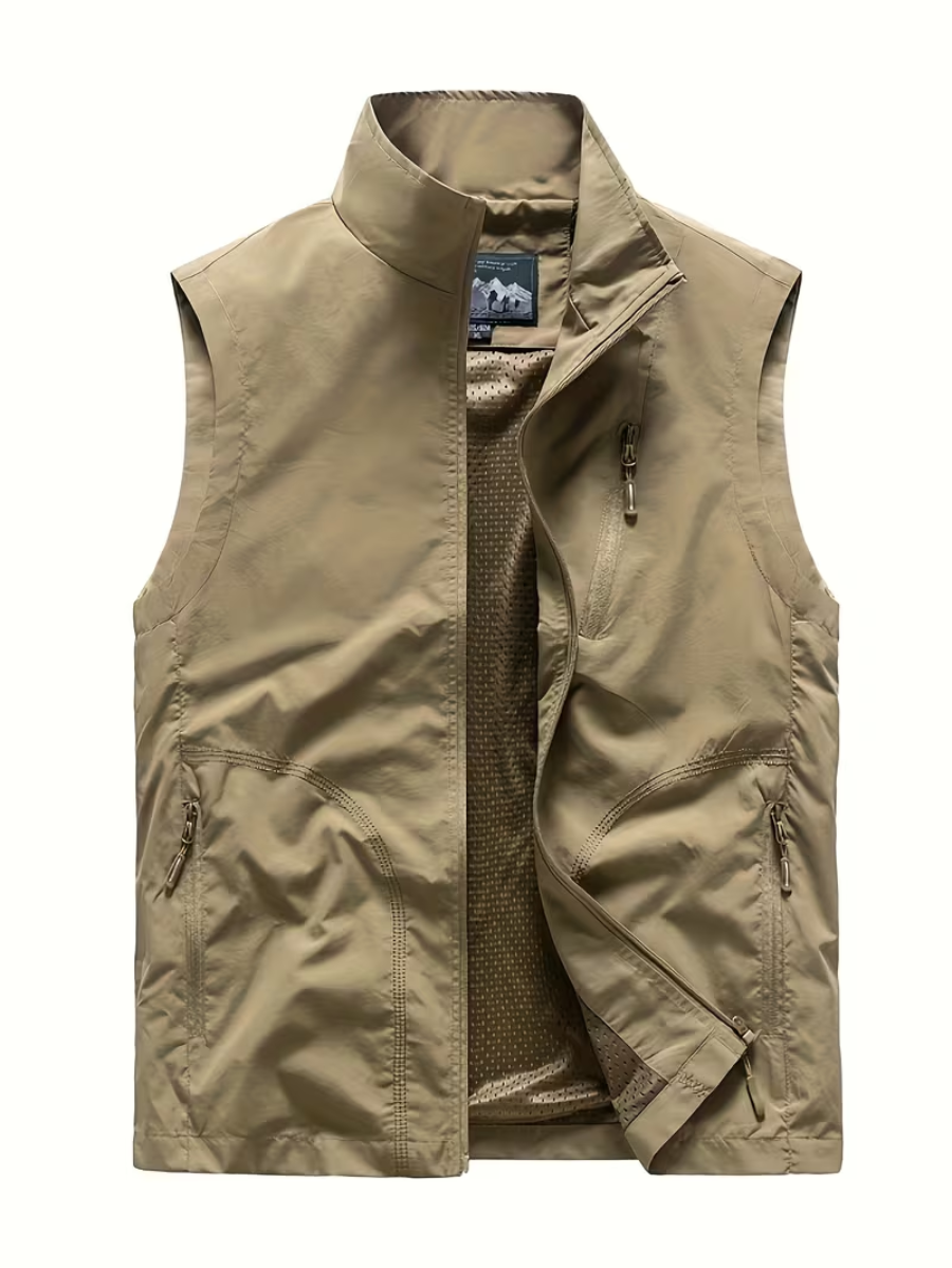 Gilet Zippé Poches Multiples Col Montant Sans Manches Pour Homme