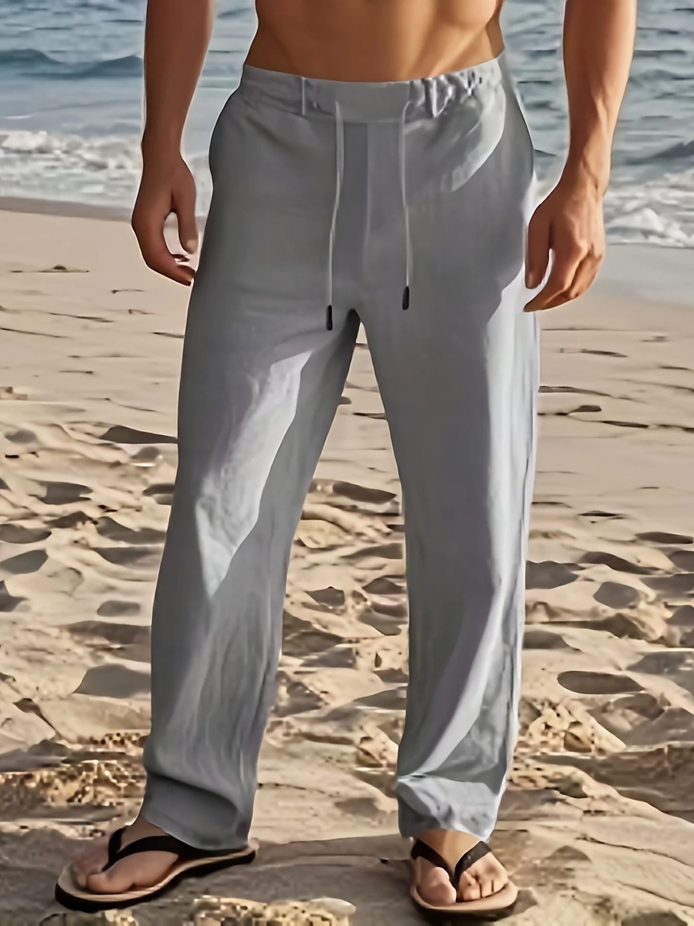 Pantalon Aspect Lin Taille à Cordon Pour Homme