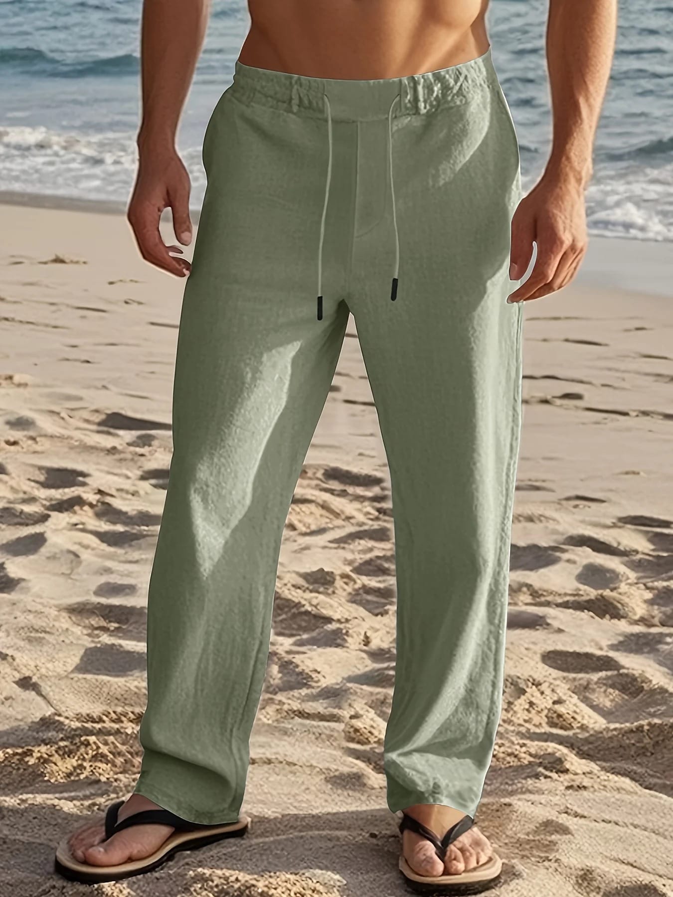Pantalon Aspect Lin Taille à Cordon Pour Homme