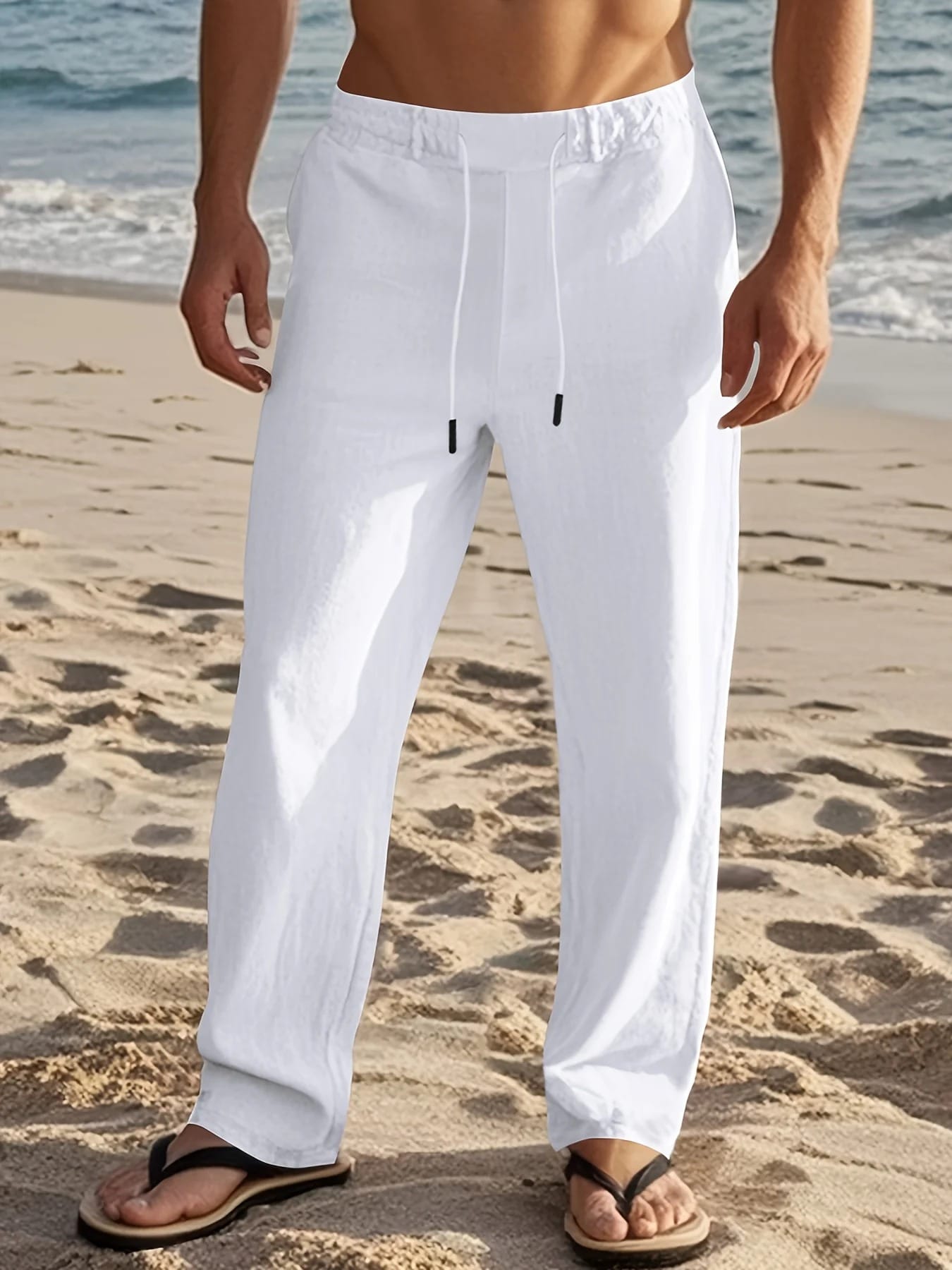 Pantalon Aspect Lin Taille à Cordon Pour Homme