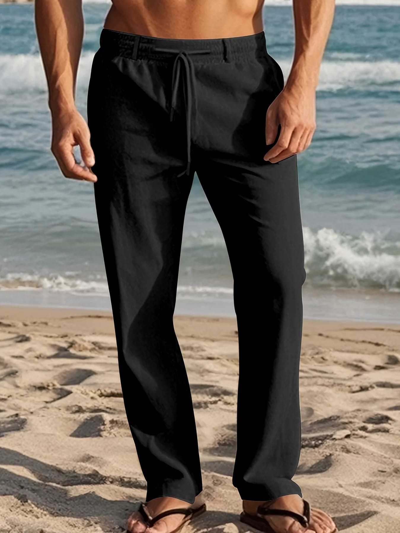 Pantalon Aspect Lin Taille à Cordon Pour Homme