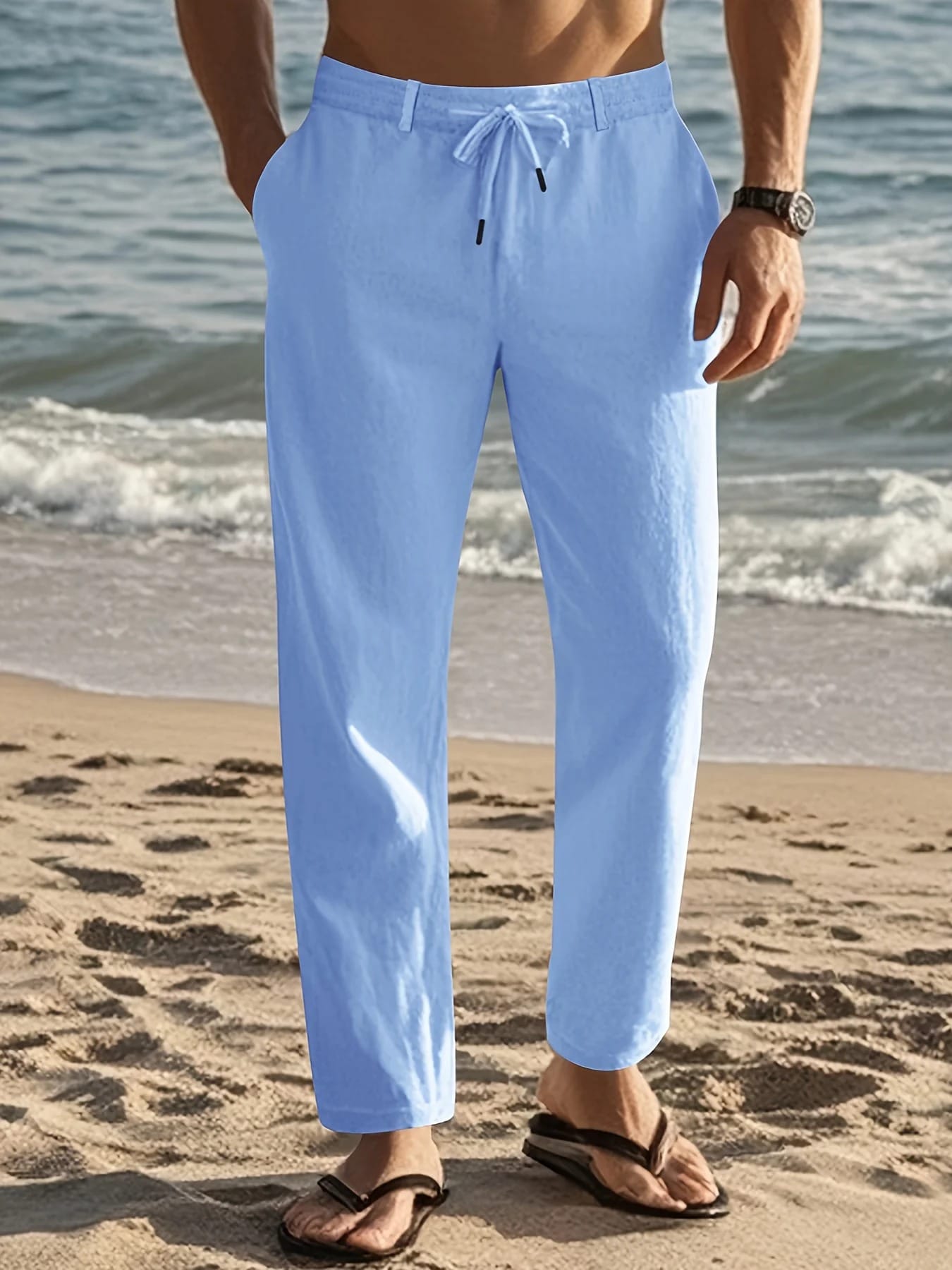 Pantalon Aspect Lin Taille à Cordon Pour Homme