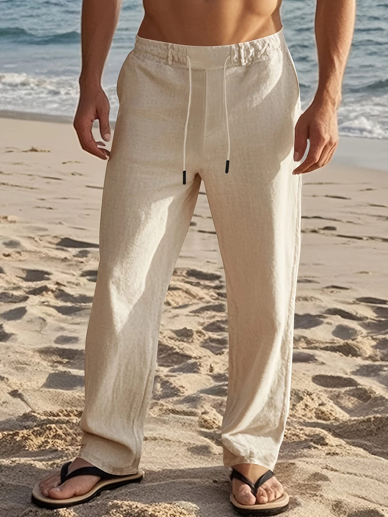 Pantalon Aspect Lin Taille à Cordon Pour Homme