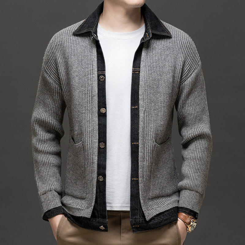 Cardigan Denim Bordures Contrastées Maille Poches Pour Homme