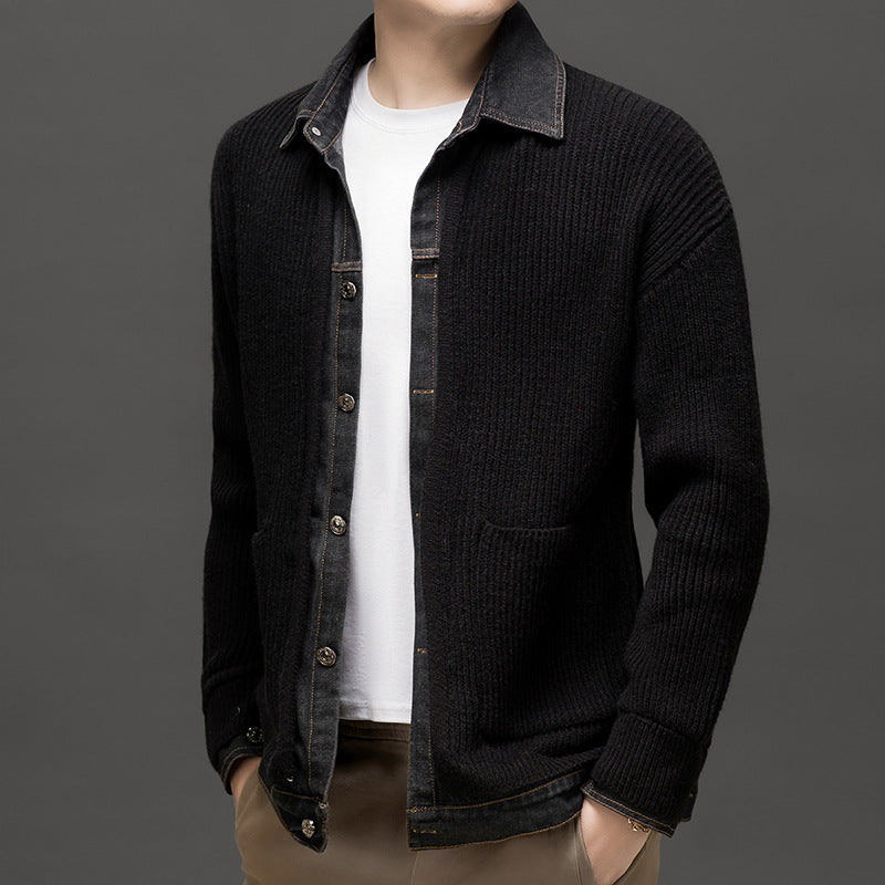 Cardigan Denim Bordures Contrastées Maille Poches Pour Homme