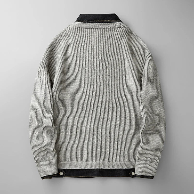 Cardigan Denim Bordures Contrastées Maille Poches Pour Homme