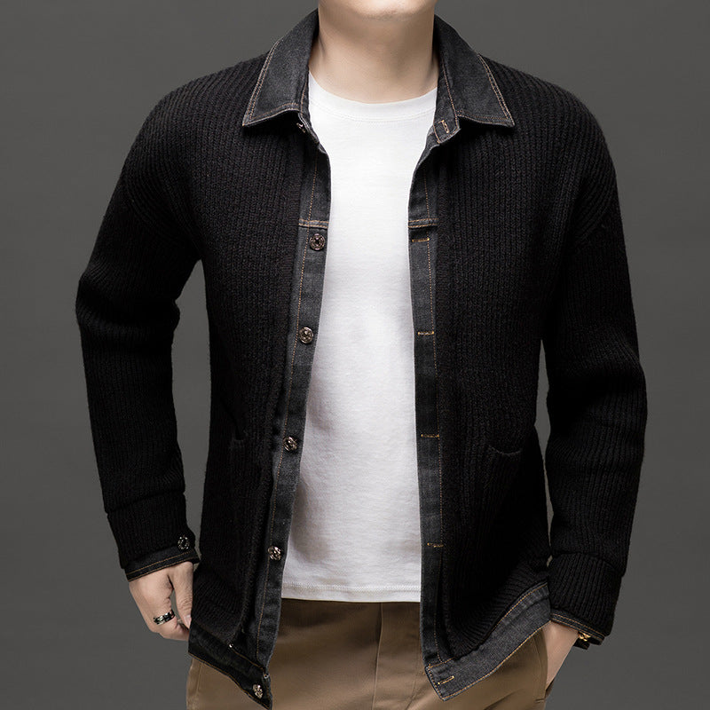 Cardigan Denim Bordures Contrastées Maille Poches Pour Homme