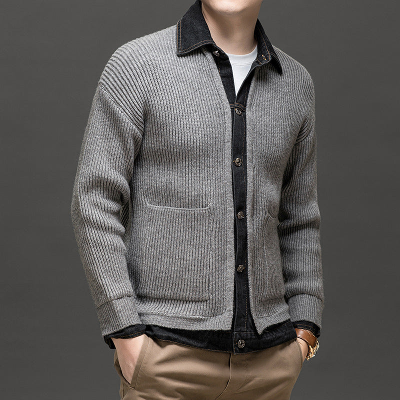 Cardigan Denim Bordures Contrastées Maille Poches Pour Homme