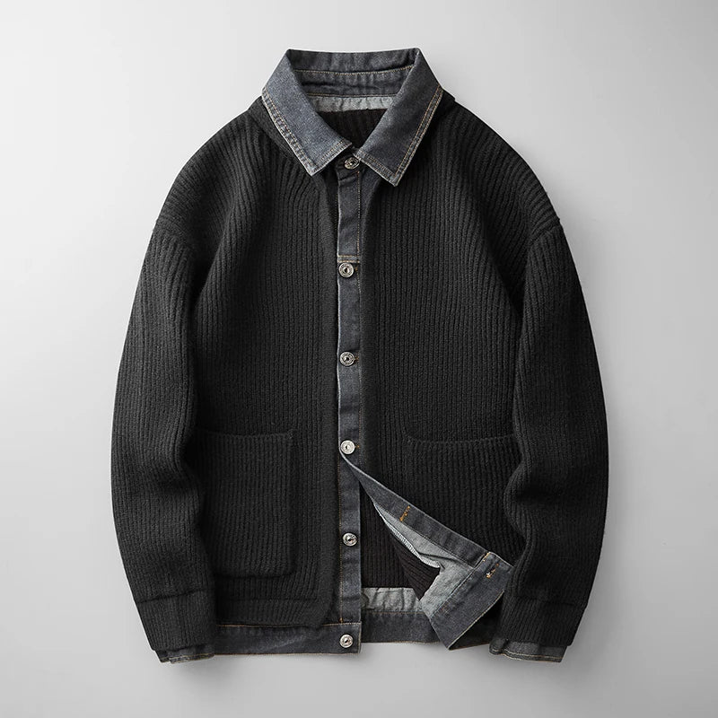 Cardigan Denim Bordures Contrastées Maille Poches Pour Homme