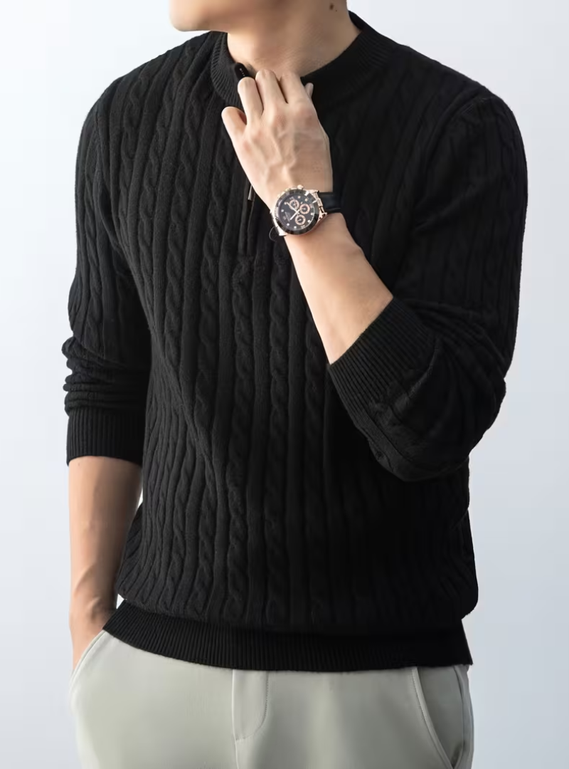 Pull Col Montant Zippé Manches Longues Maille Côtelée Pour Homme