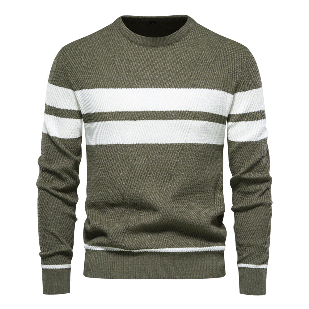 Pull Col Rond Rayé Manches Longues Bords Côtelés Pour Homme
