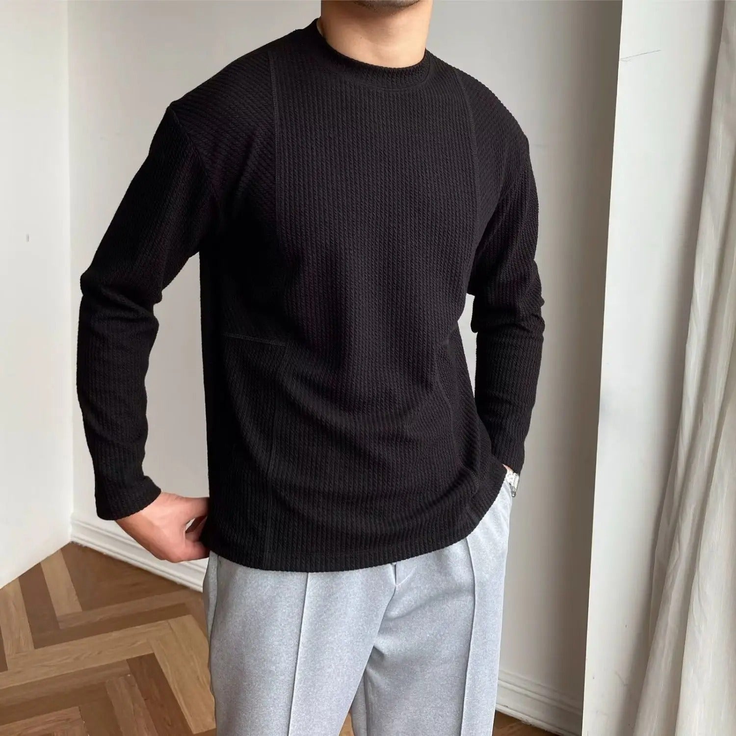 Pull Col Rond Matière Texturée Manches Longues Pour Homme