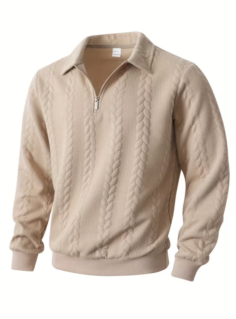 Pull Zippé Maille Torsadée Col Montant Manches Longues Pour Homme